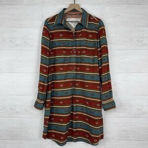 Ryan Michael Tunic Shirt‎ Dress Women L Aztec Blanket Stripe Western Linen Blend